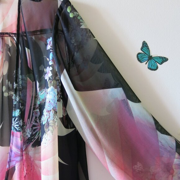 Vintage Status by Chenault Floral Roses Bohemian Chiffon Open Cardigan Sz. L - Picture 5 of 16